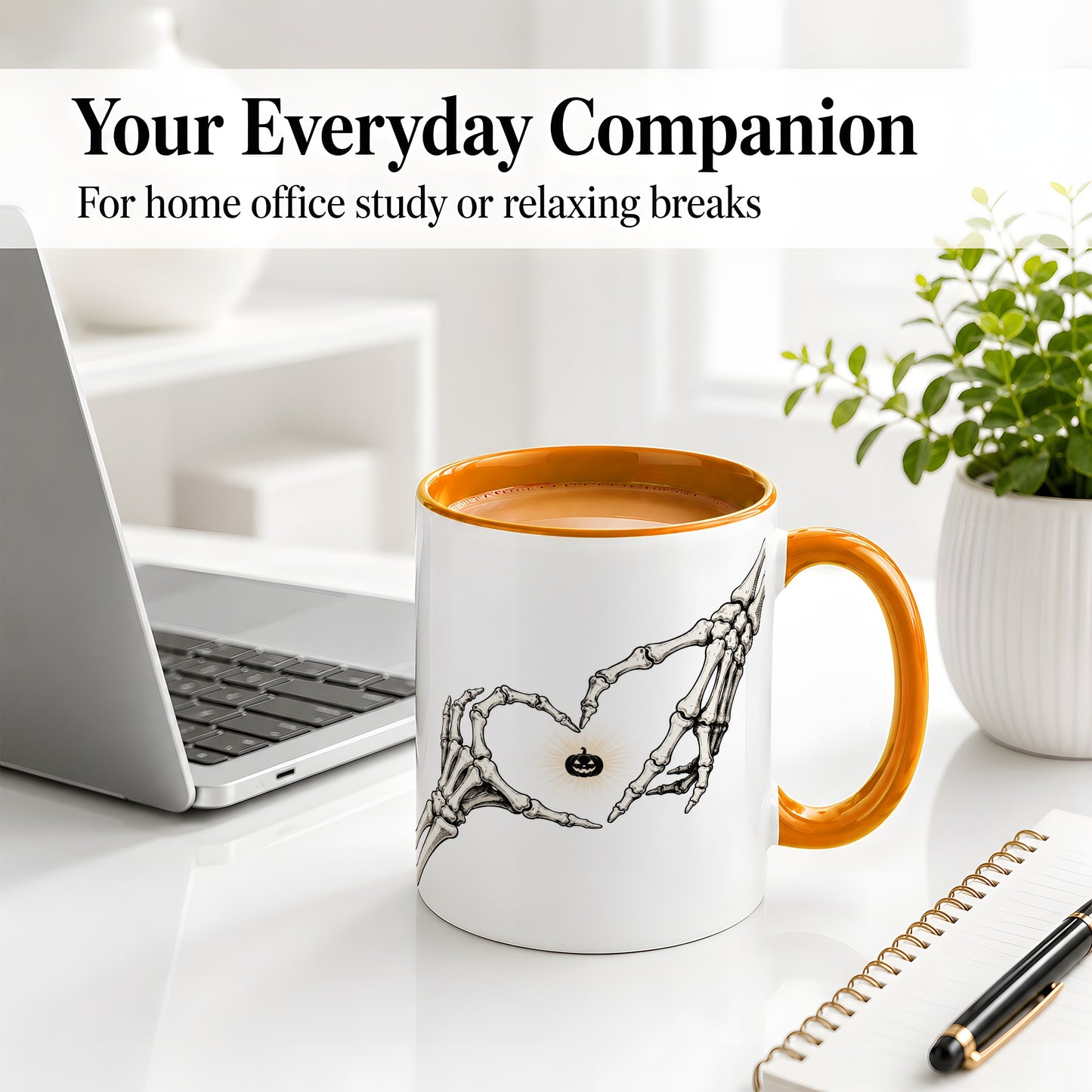 #pl[11oz|Orange] Skeleton Heart Hands Ceramic Mug, Jack O Lantern Halloween Art