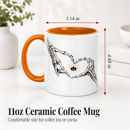 #pl[11oz|Orange] Skeleton Heart Hands Ceramic Mug, Jack O Lantern Halloween Art