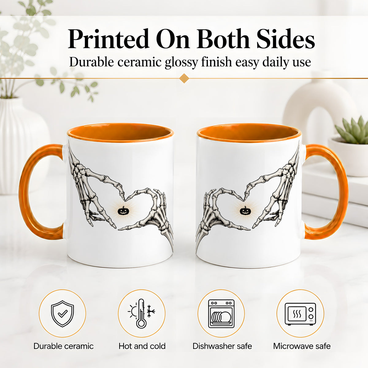 #pl[11oz|Orange] Skeleton Heart Hands Ceramic Mug, Jack O Lantern Halloween Art