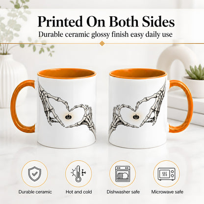 #pl[11oz|Orange] Skeleton Heart Hands Ceramic Mug, Jack O Lantern Halloween Art