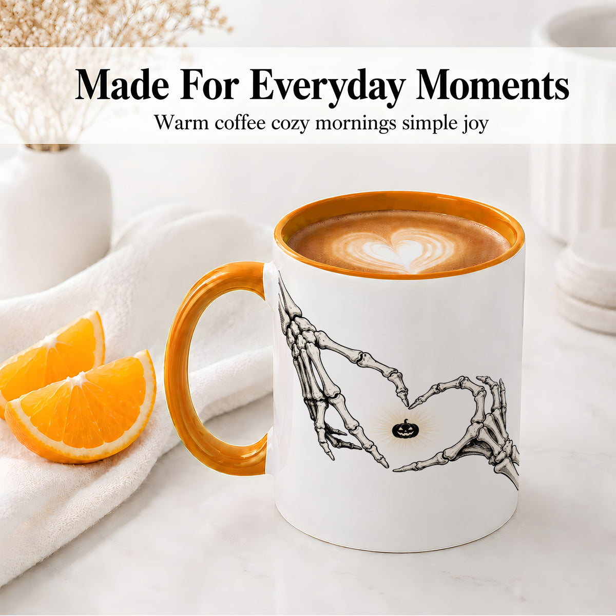 #pl[11oz|Orange] Skeleton Heart Hands Ceramic Mug, Jack O Lantern Halloween Art