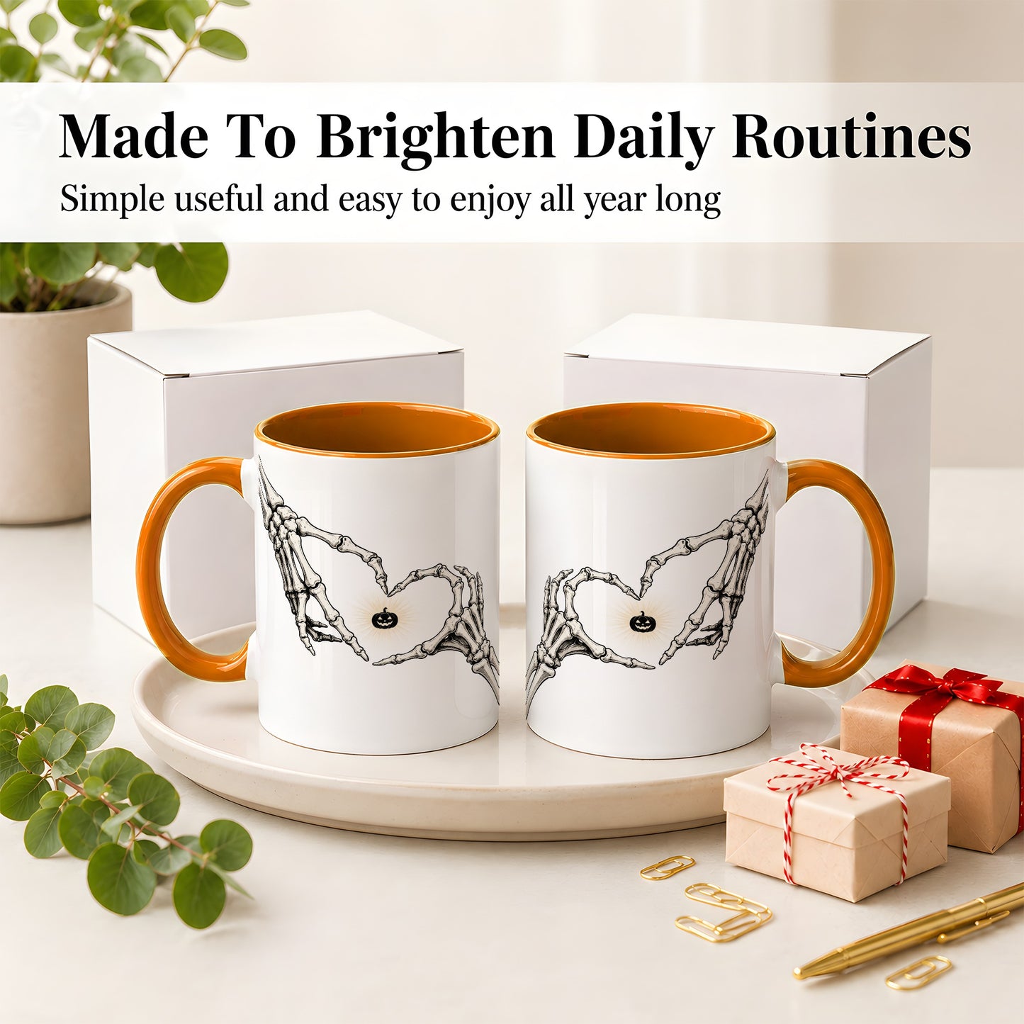 #pl[11oz|Orange] Skeleton Heart Hands Ceramic Mug, Jack O Lantern Halloween Art