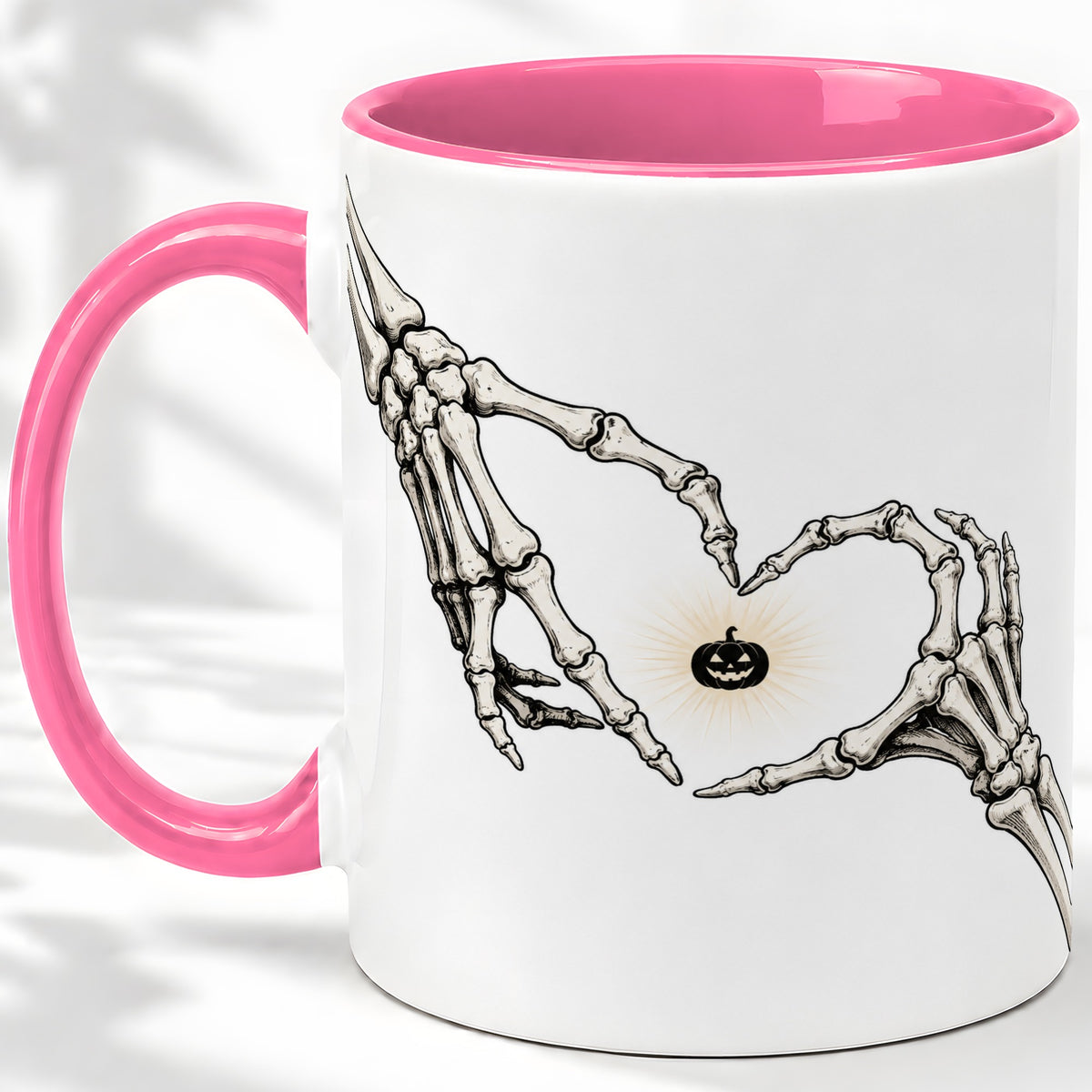 #pl[11oz|Pink] Skeleton Heart Hands Ceramic Mug, Jack O Lantern Halloween Art