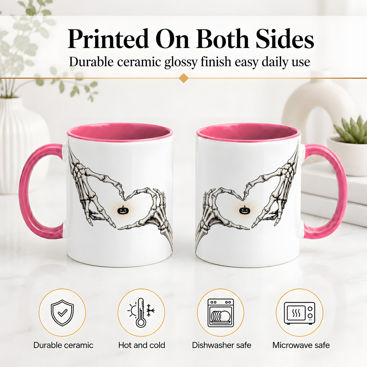 #pl[11oz|Pink] Skeleton Heart Hands Ceramic Mug, Jack O Lantern Halloween Art