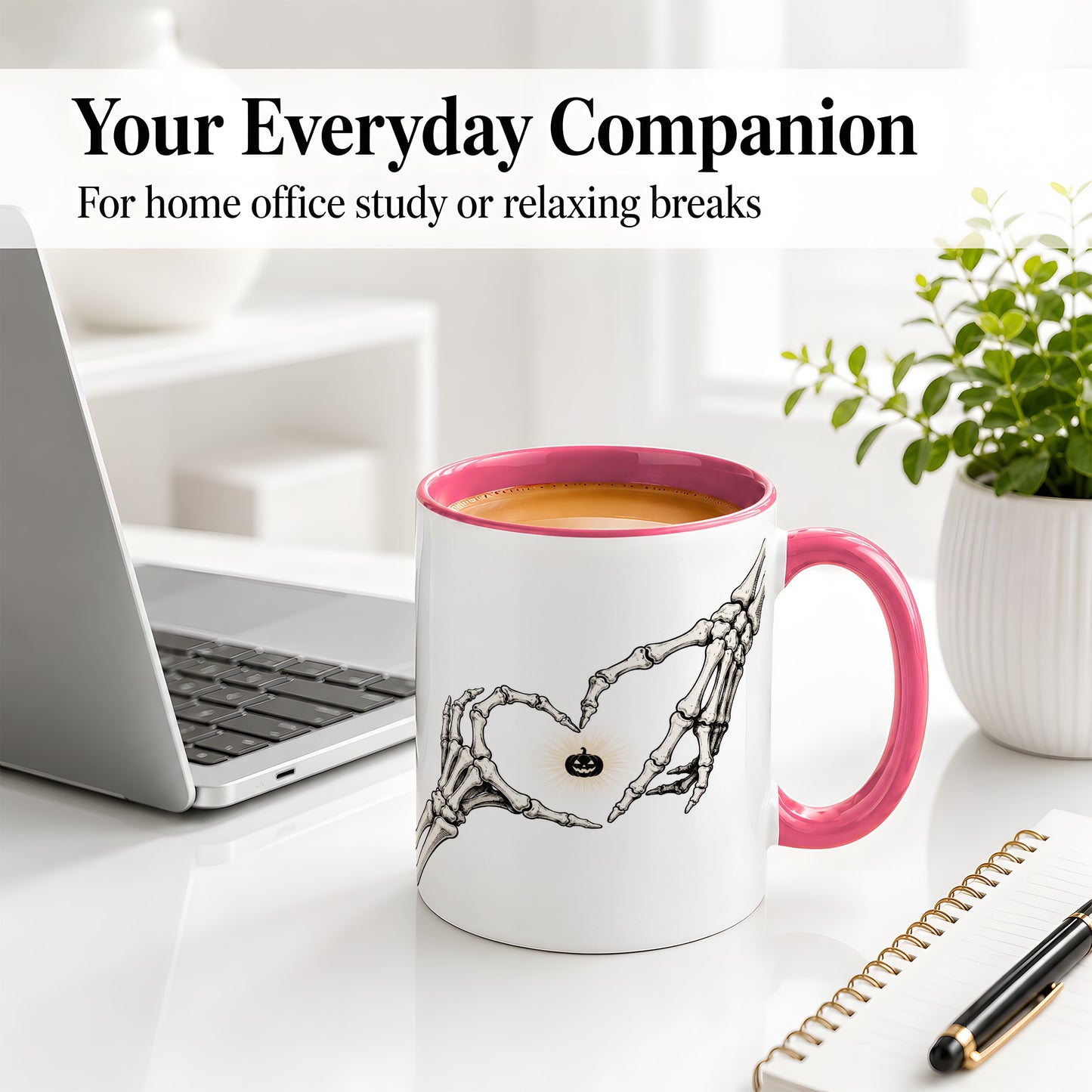 #pl[11oz|Pink] Skeleton Heart Hands Ceramic Mug, Jack O Lantern Halloween Art