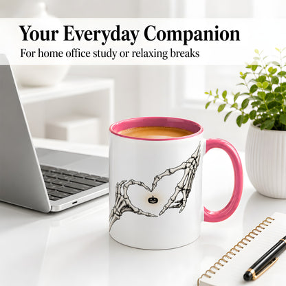 #pl[11oz|Pink] Skeleton Heart Hands Ceramic Mug, Jack O Lantern Halloween Art