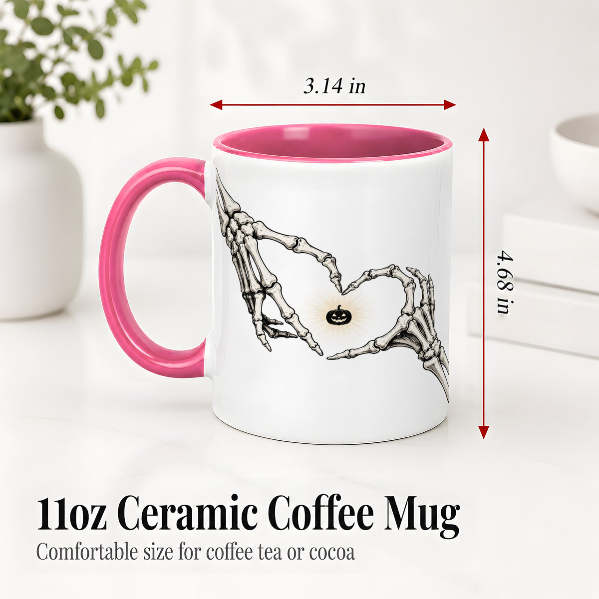 #pl[11oz|Pink] Skeleton Heart Hands Ceramic Mug, Jack O Lantern Halloween Art