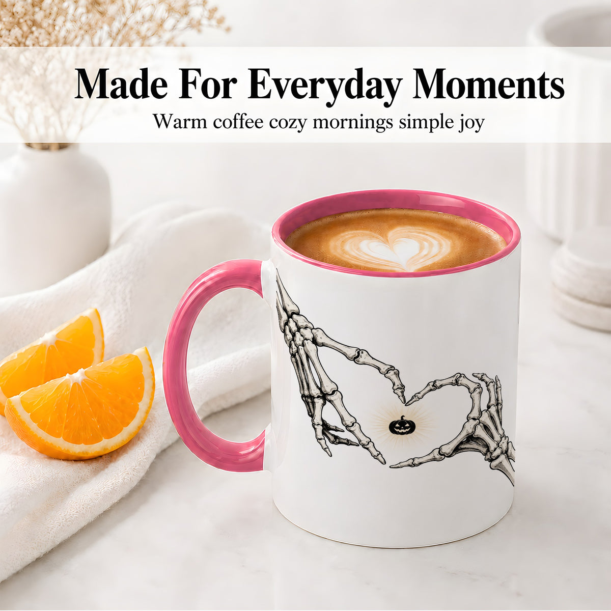 #pl[11oz|Pink] Skeleton Heart Hands Ceramic Mug, Jack O Lantern Halloween Art