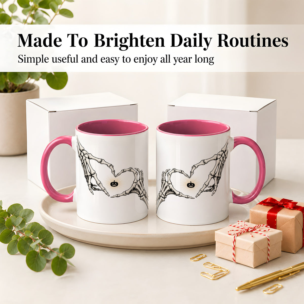 #pl[11oz|Pink] Skeleton Heart Hands Ceramic Mug, Jack O Lantern Halloween Art