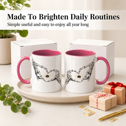#pl[11oz|Pink] Skeleton Heart Hands Ceramic Mug, Jack O Lantern Halloween Art