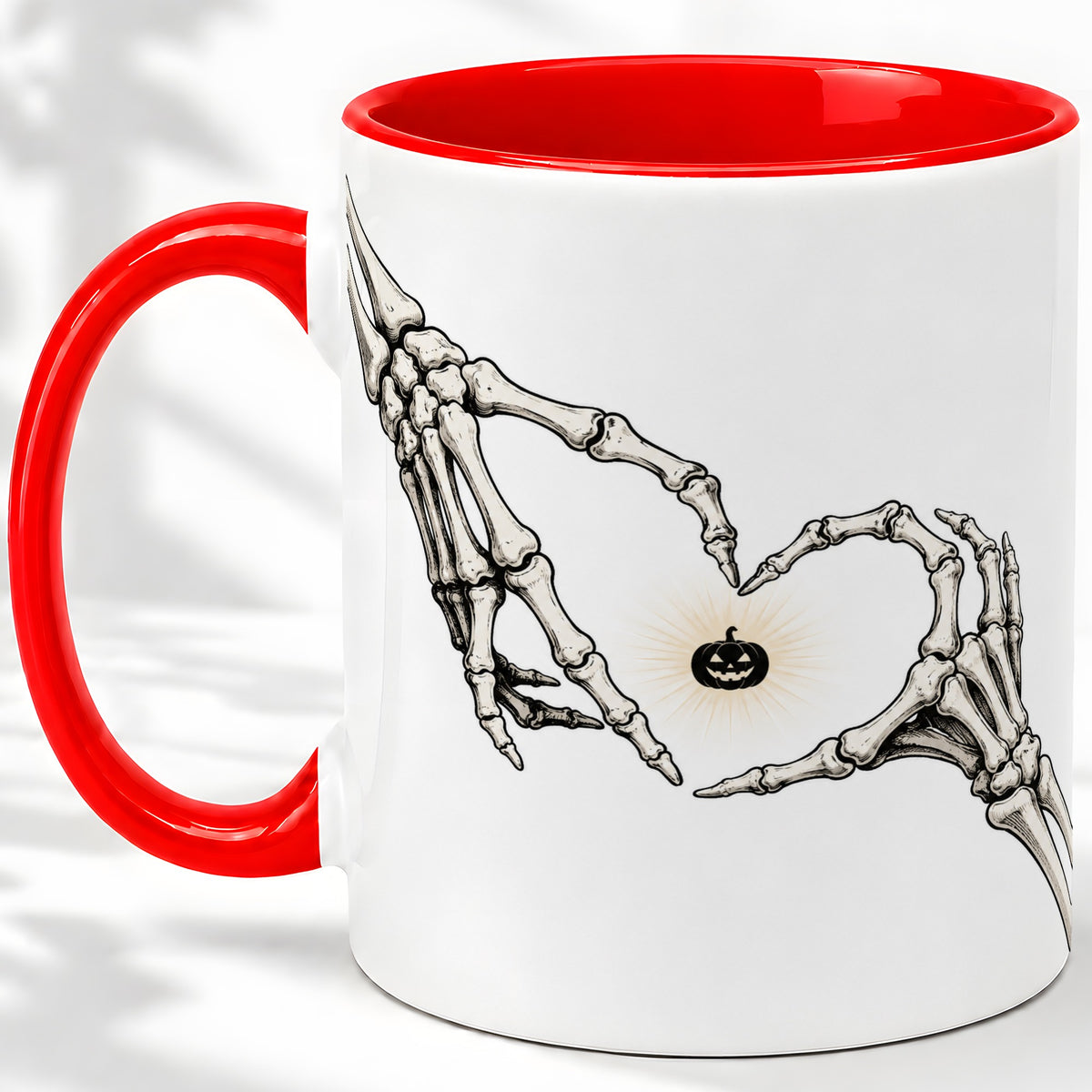 Skeleton Heart Hands Ceramic Mug, Jack O Lantern Halloween Art