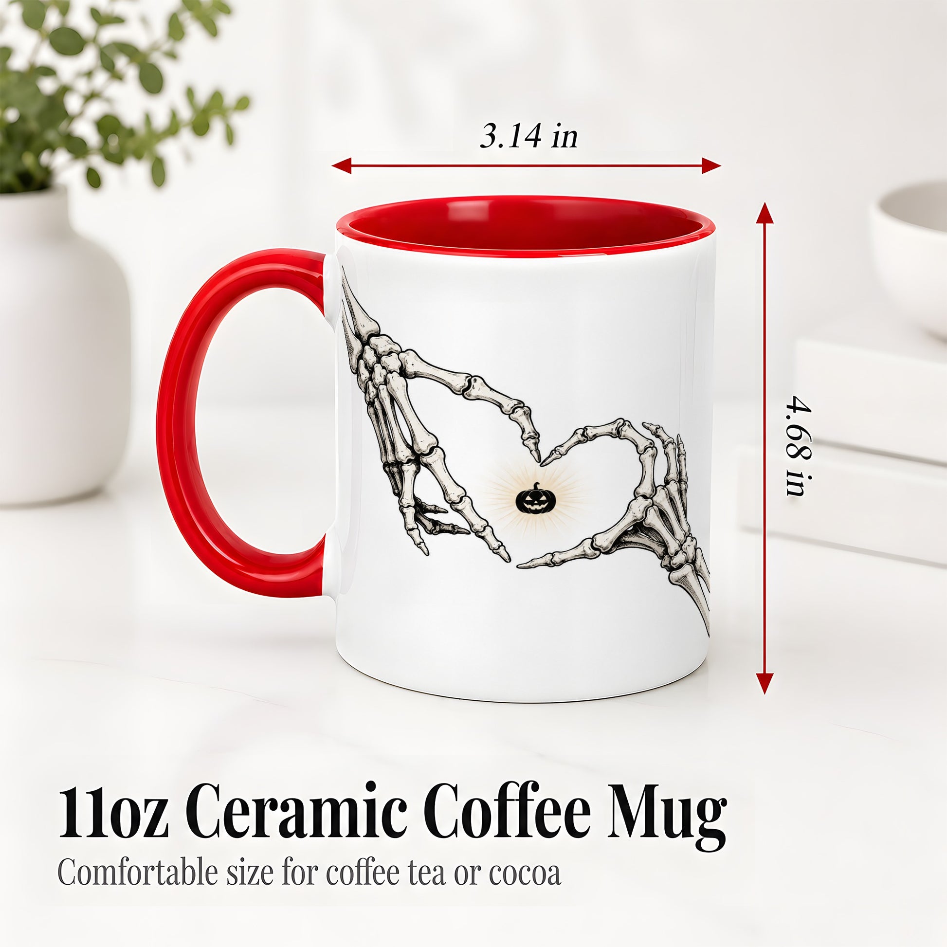#pl[11oz|Red] Skeleton Heart Hands Ceramic Mug, Jack O Lantern Halloween Art