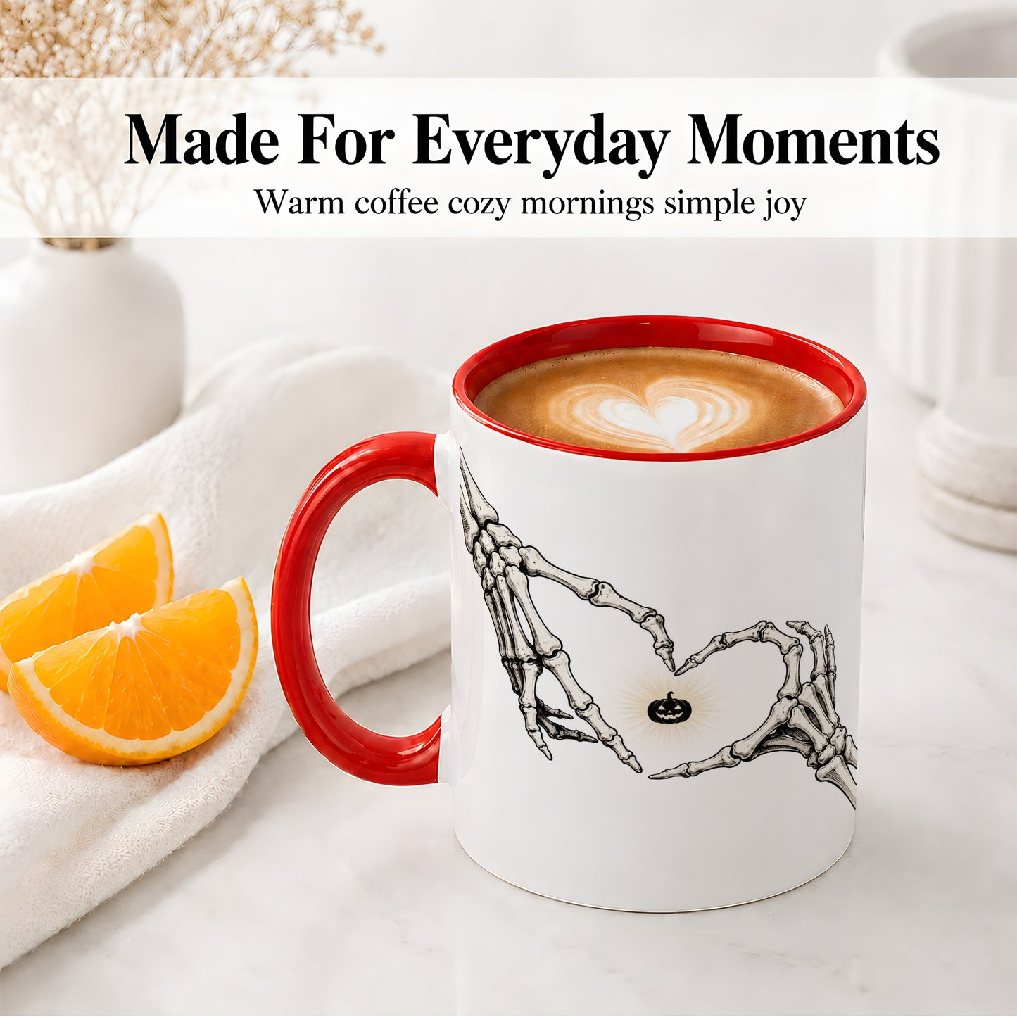 #pl[11oz|Red] Skeleton Heart Hands Ceramic Mug, Jack O Lantern Halloween Art