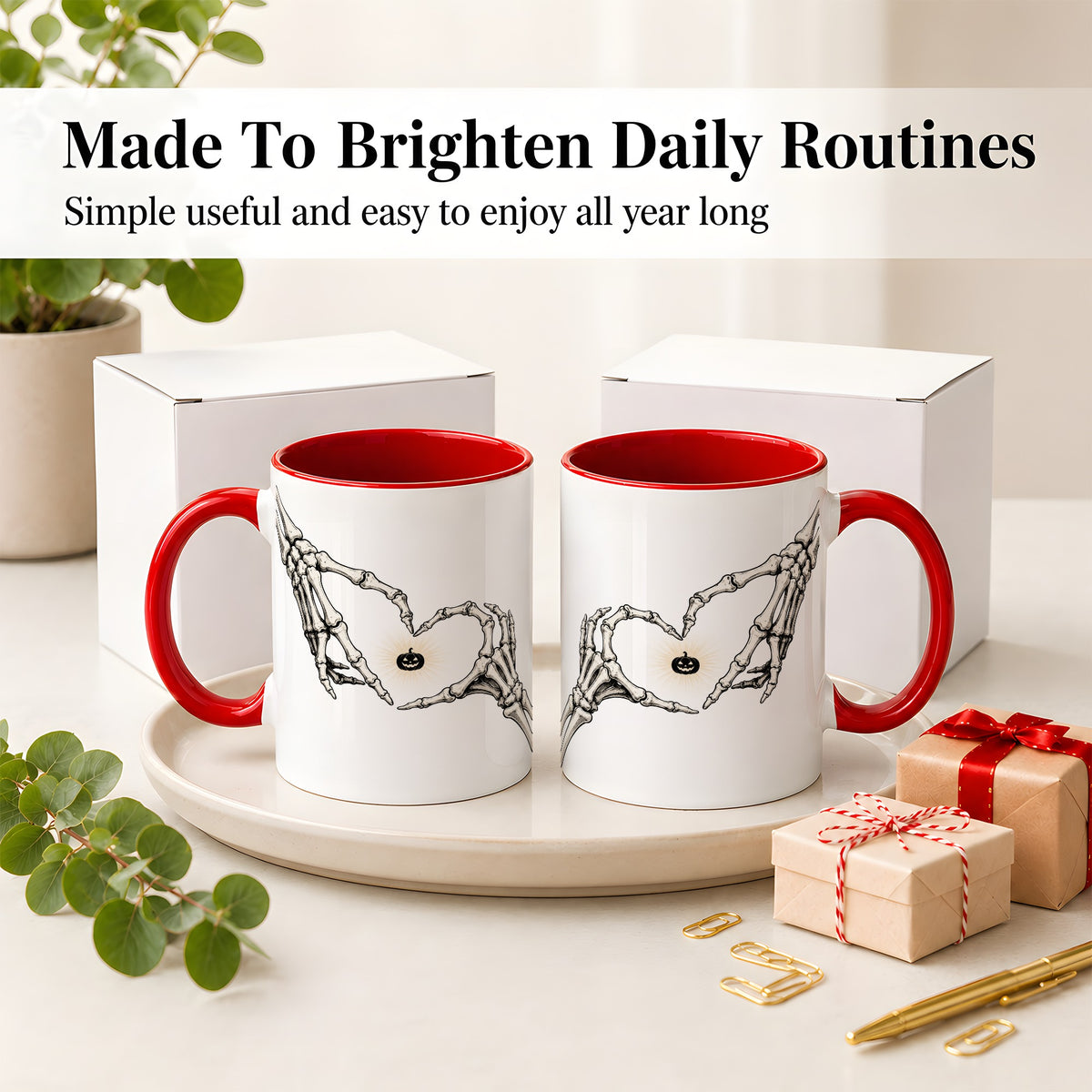 #pl[11oz|Red] Skeleton Heart Hands Ceramic Mug, Jack O Lantern Halloween Art