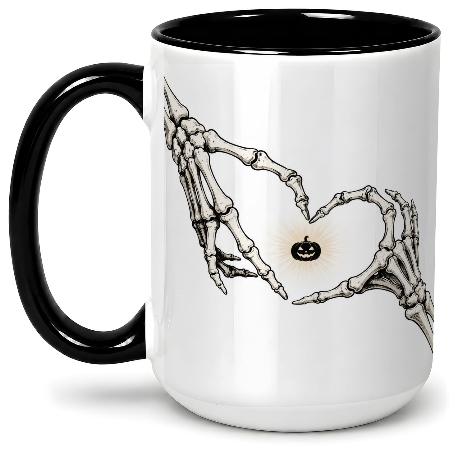 #pl[15oz|Black] Skeleton Heart Hands Ceramic Mug, Jack O Lantern Halloween Art