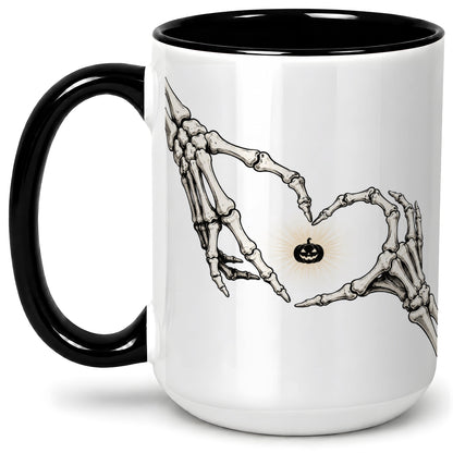 #pl[15oz|Black] Skeleton Heart Hands Ceramic Mug, Jack O Lantern Halloween Art