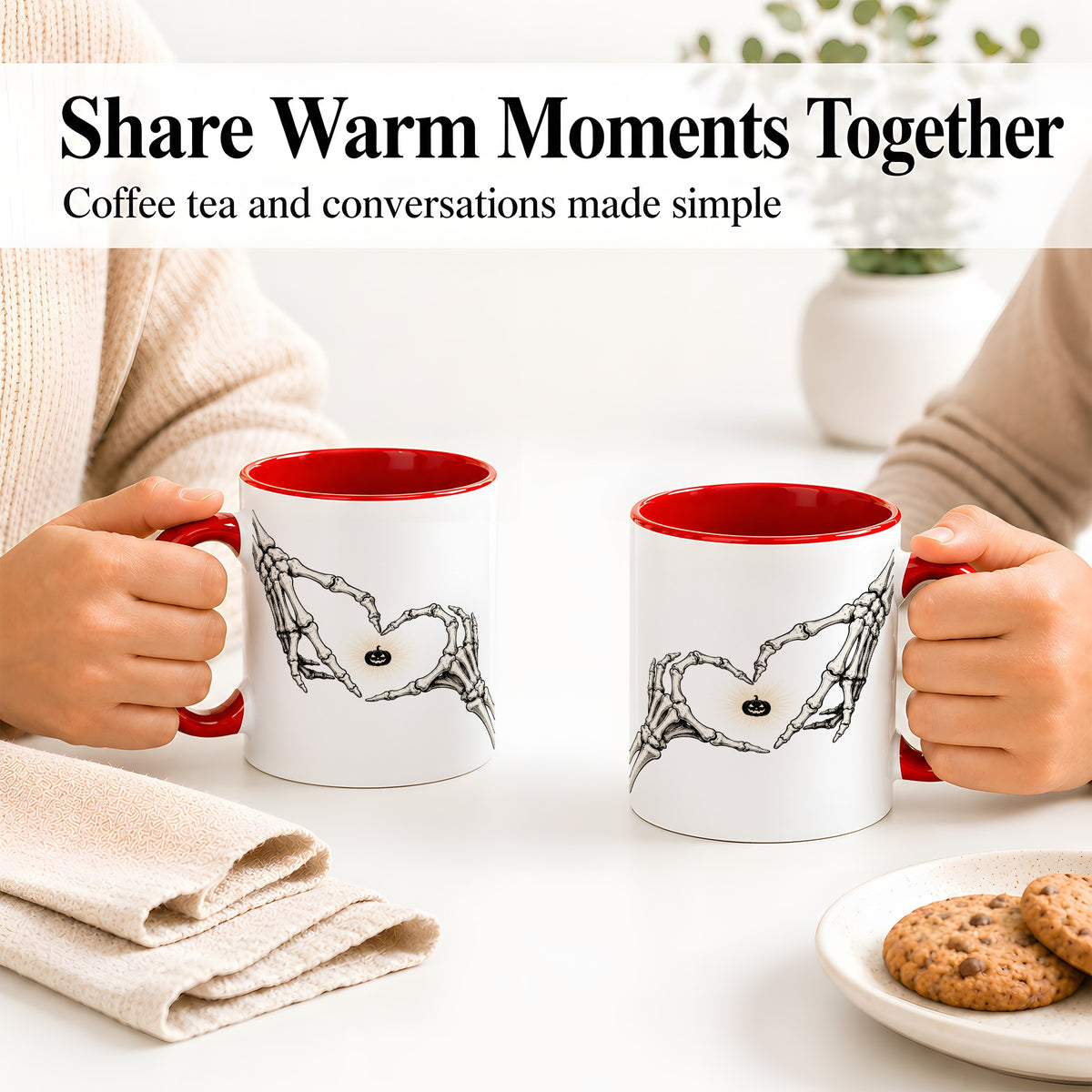 #pl[11oz|Red] Skeleton Heart Hands Ceramic Mug, Jack O Lantern Halloween Art
