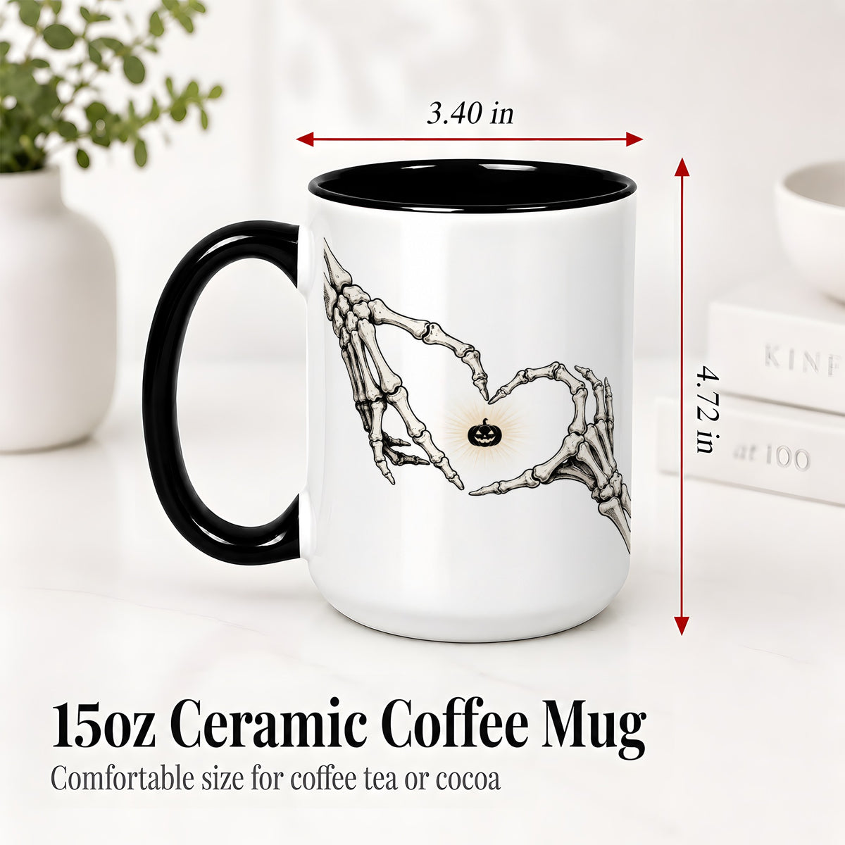 #pl[15oz|Black] Skeleton Heart Hands Ceramic Mug, Jack O Lantern Halloween Art