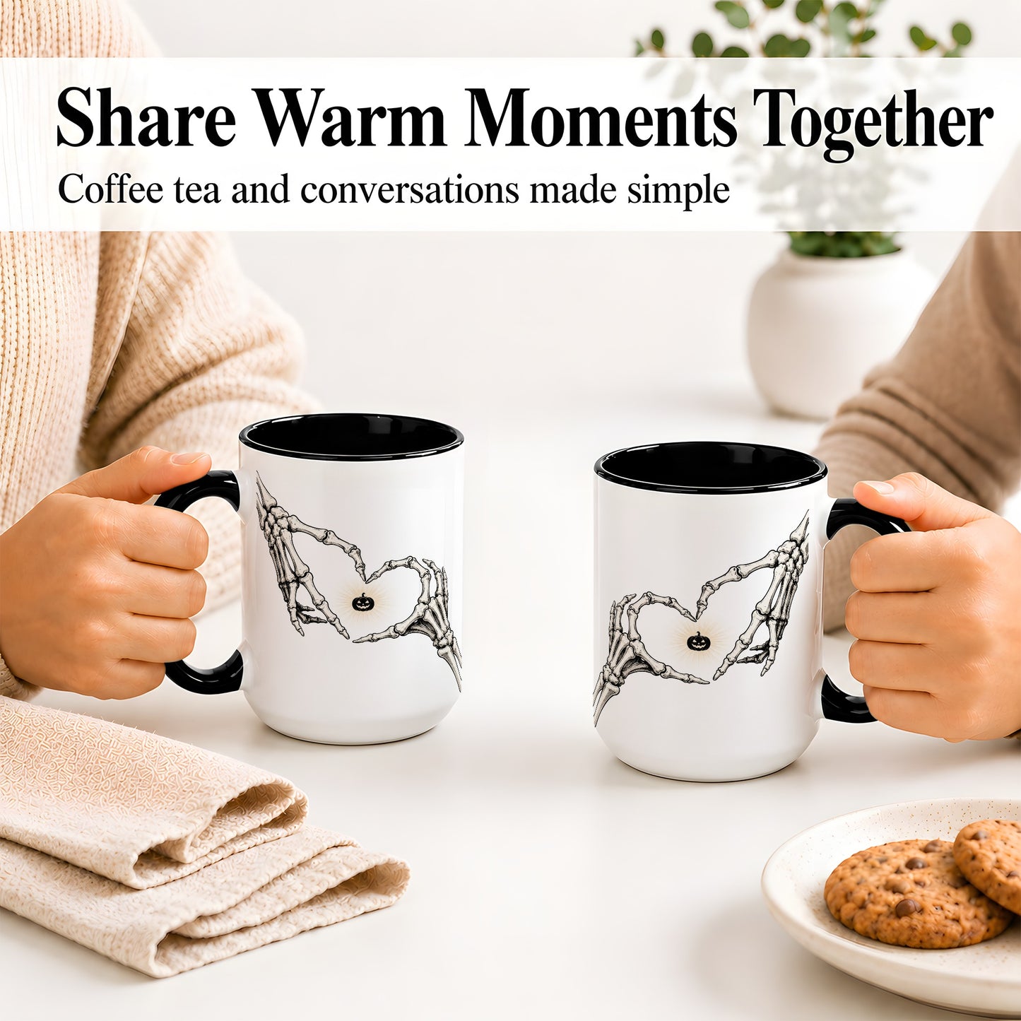 #pl[15oz|Black] Skeleton Heart Hands Ceramic Mug, Jack O Lantern Halloween Art