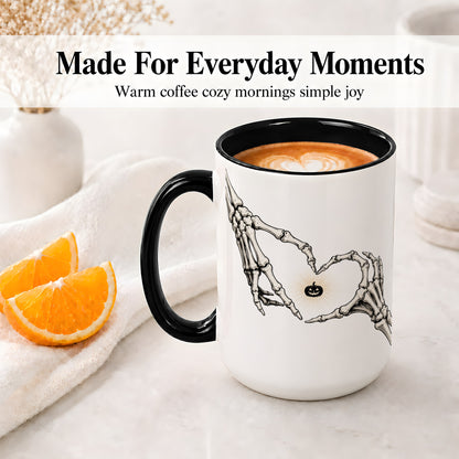 #pl[15oz|Black] Skeleton Heart Hands Ceramic Mug, Jack O Lantern Halloween Art