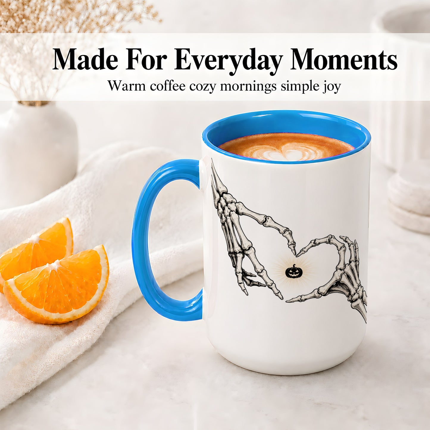 #pl[15oz|Blue] Skeleton Heart Hands Ceramic Mug, Jack O Lantern Halloween Art