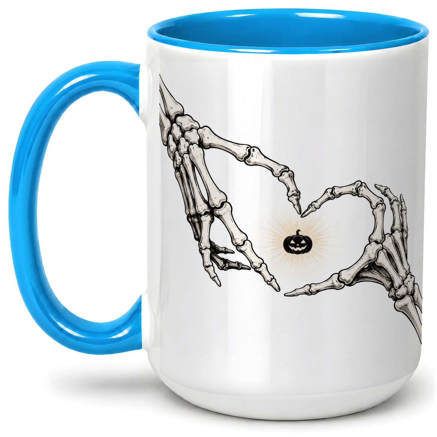 #pl[15oz|Blue] Skeleton Heart Hands Ceramic Mug, Jack O Lantern Halloween Art