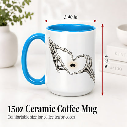 #pl[15oz|Blue] Skeleton Heart Hands Ceramic Mug, Jack O Lantern Halloween Art