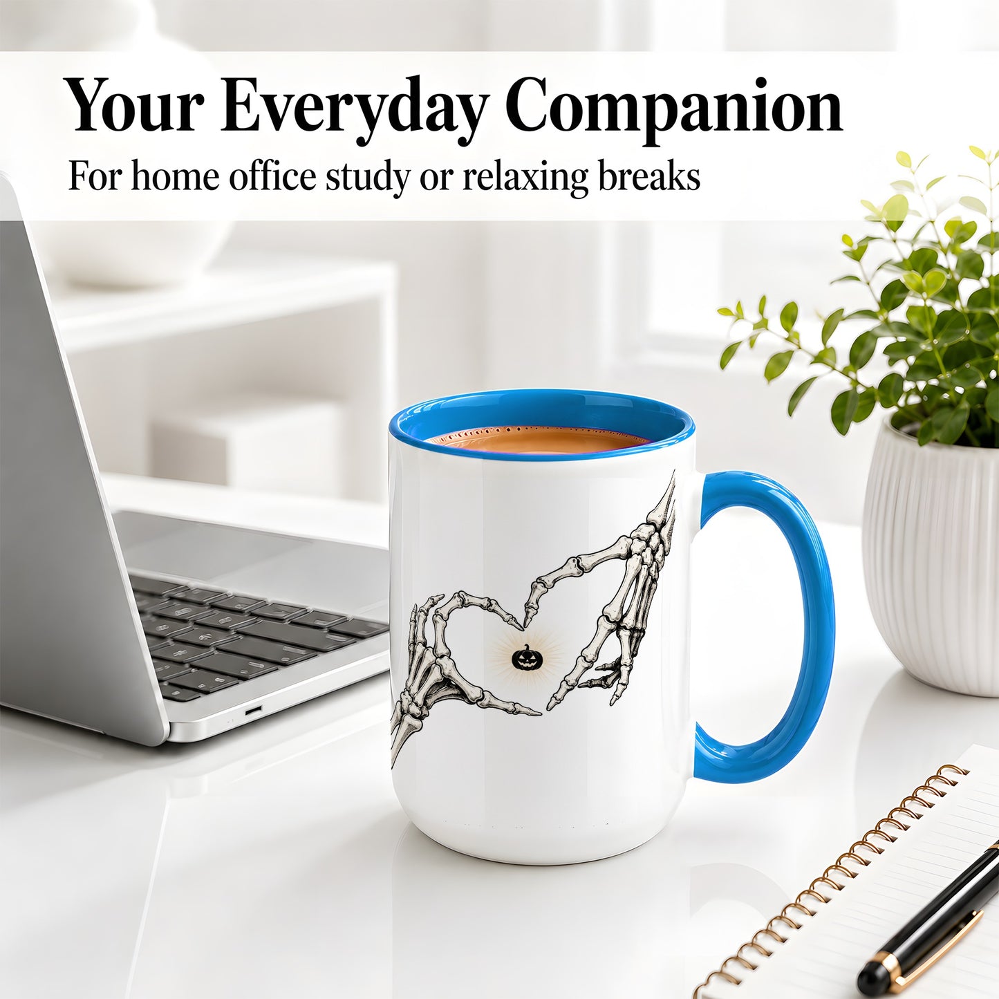 #pl[15oz|Blue] Skeleton Heart Hands Ceramic Mug, Jack O Lantern Halloween Art