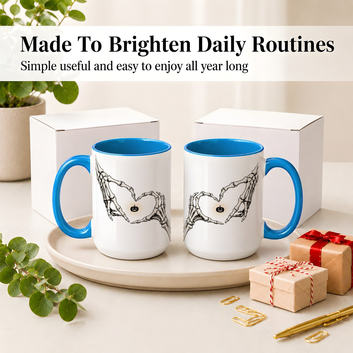 #pl[15oz|Blue] Skeleton Heart Hands Ceramic Mug, Jack O Lantern Halloween Art