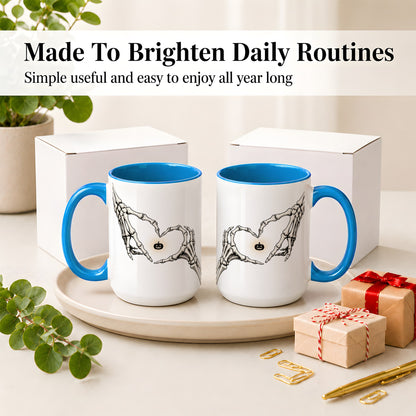 #pl[15oz|Blue] Skeleton Heart Hands Ceramic Mug, Jack O Lantern Halloween Art