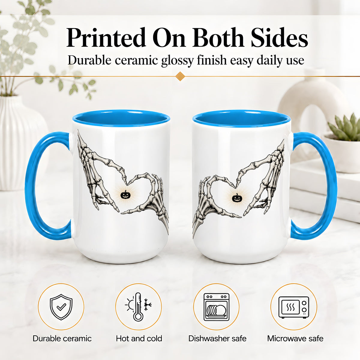 #pl[15oz|Blue] Skeleton Heart Hands Ceramic Mug, Jack O Lantern Halloween Art