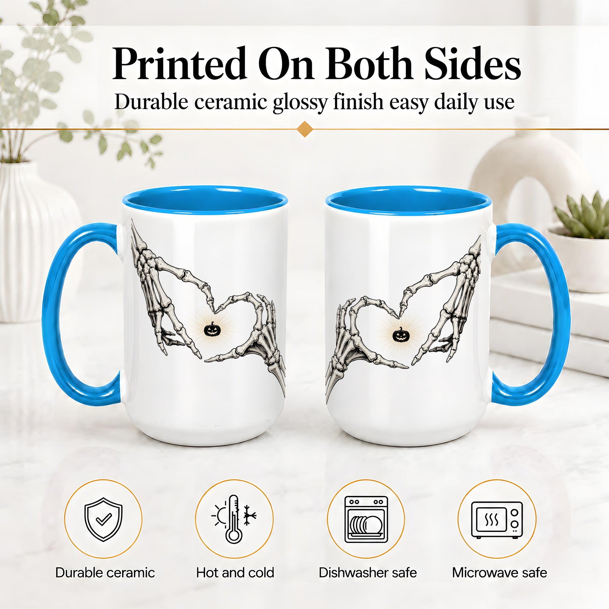 #pl[15oz|Blue] Skeleton Heart Hands Ceramic Mug, Jack O Lantern Halloween Art