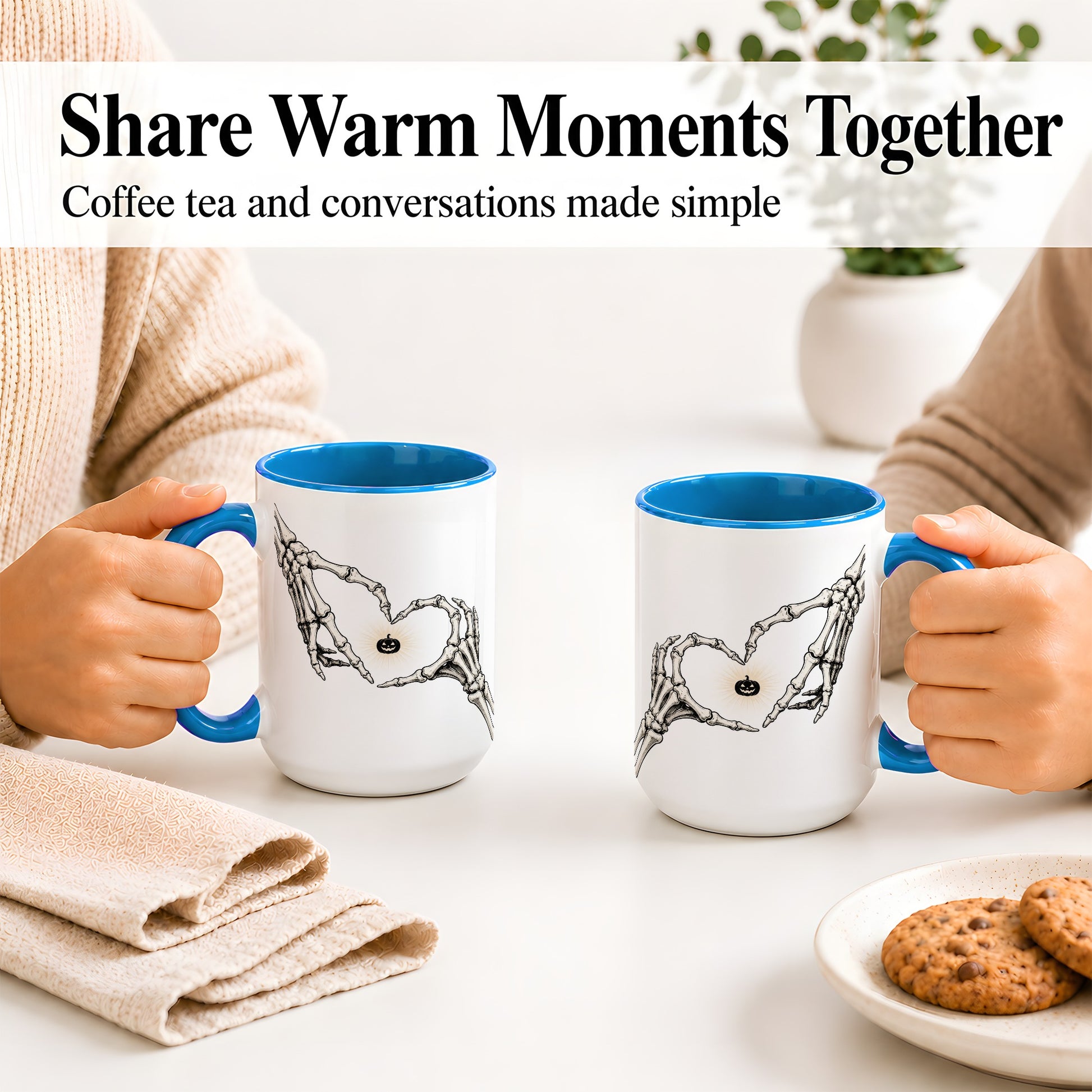 #pl[15oz|Blue] Skeleton Heart Hands Ceramic Mug, Jack O Lantern Halloween Art