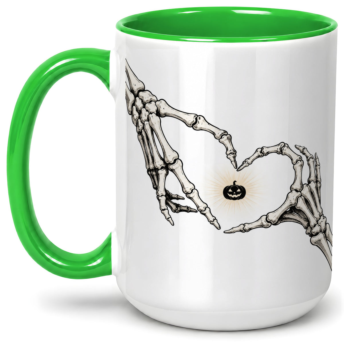 #pl[15oz|Green] Skeleton Heart Hands Ceramic Mug, Jack O Lantern Halloween Art