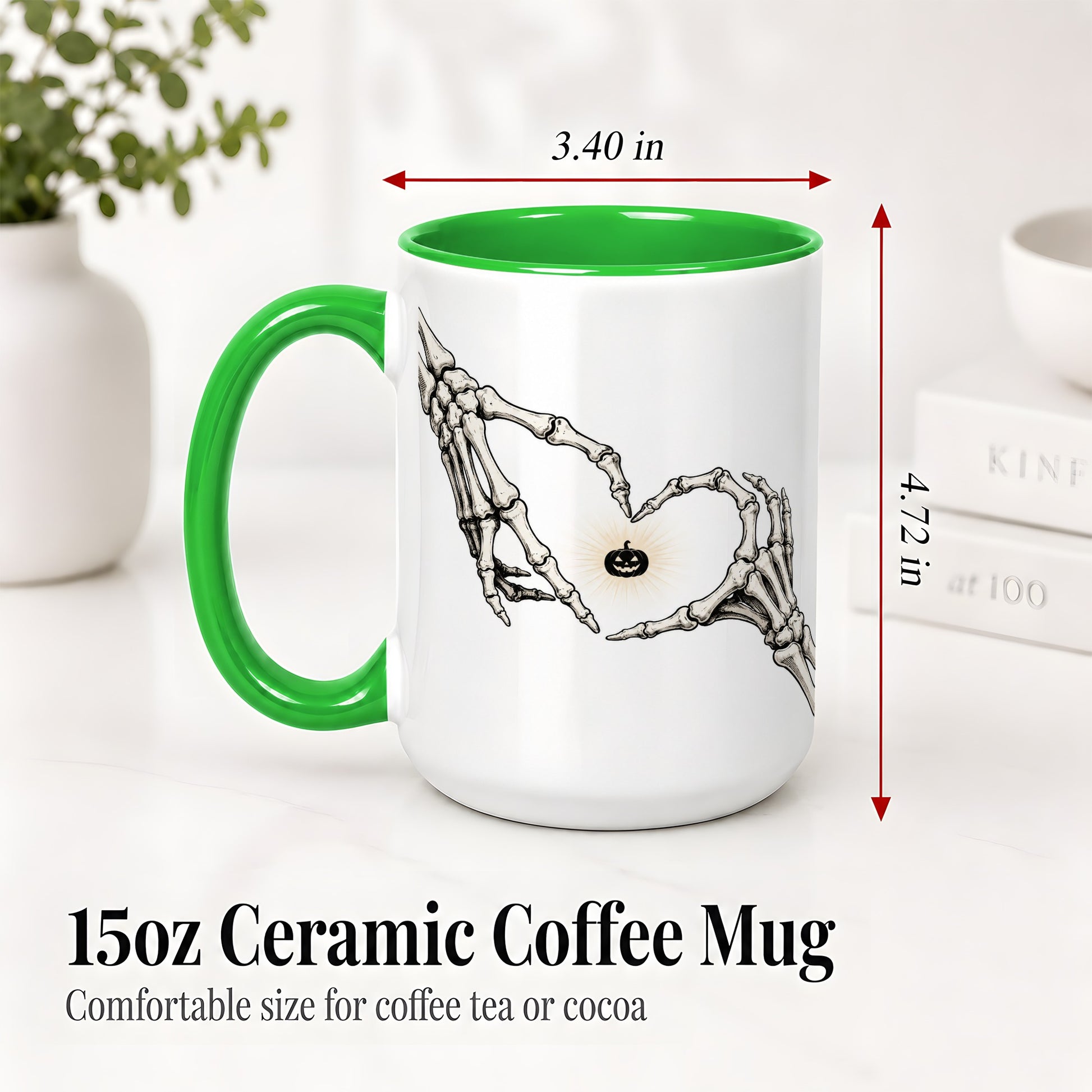 #pl[15oz|Green] Skeleton Heart Hands Ceramic Mug, Jack O Lantern Halloween Art