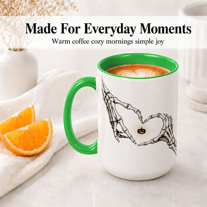 #pl[15oz|Green] Skeleton Heart Hands Ceramic Mug, Jack O Lantern Halloween Art