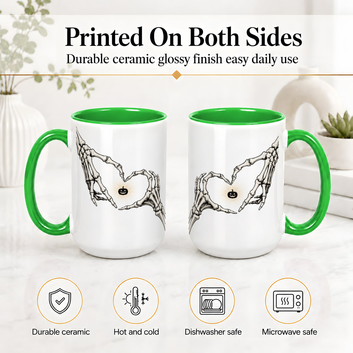 #pl[15oz|Green] Skeleton Heart Hands Ceramic Mug, Jack O Lantern Halloween Art