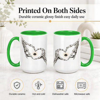 #pl[15oz|Green] Skeleton Heart Hands Ceramic Mug, Jack O Lantern Halloween Art