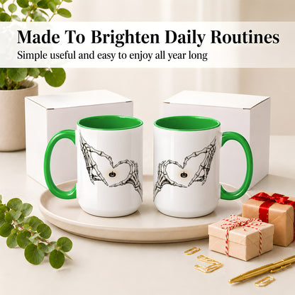 #pl[15oz|Green] Skeleton Heart Hands Ceramic Mug, Jack O Lantern Halloween Art