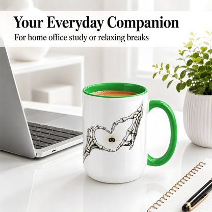#pl[15oz|Green] Skeleton Heart Hands Ceramic Mug, Jack O Lantern Halloween Art