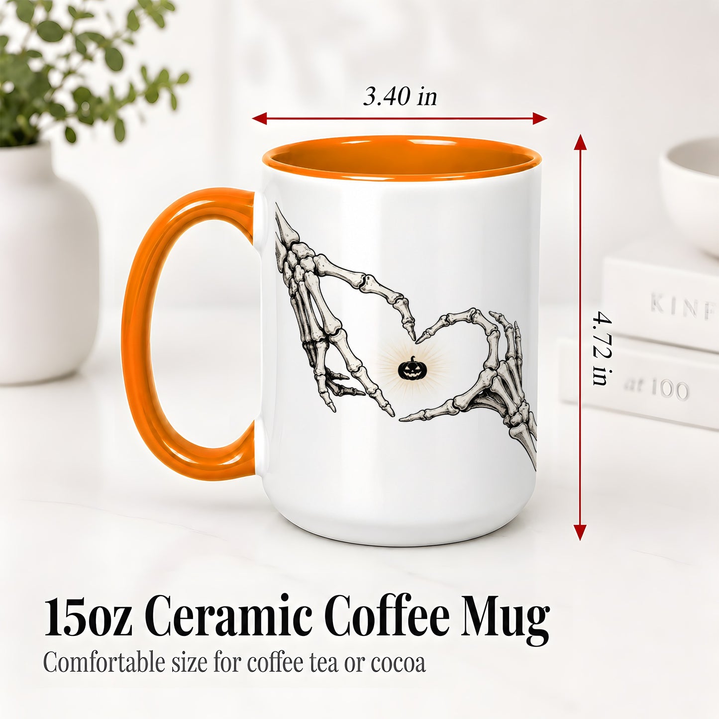 #pl[15oz|Orange] Skeleton Heart Hands Ceramic Mug, Jack O Lantern Halloween Art
