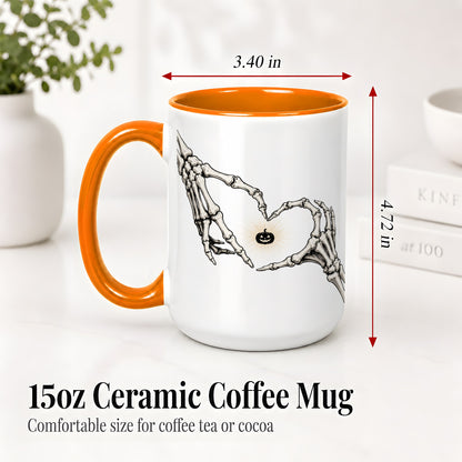 #pl[15oz|Orange] Skeleton Heart Hands Ceramic Mug, Jack O Lantern Halloween Art