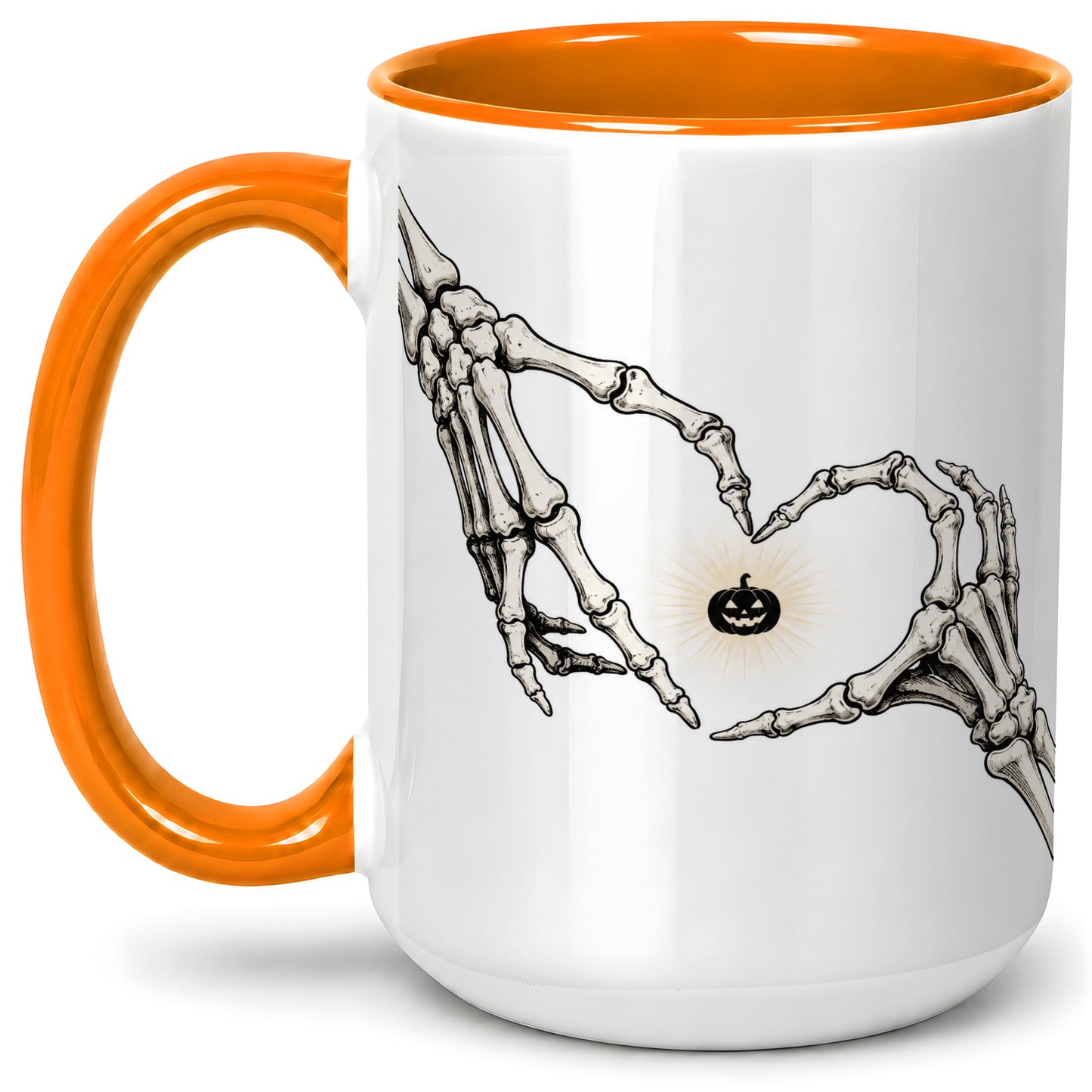 #pl[15oz|Orange] Skeleton Heart Hands Ceramic Mug, Jack O Lantern Halloween Art