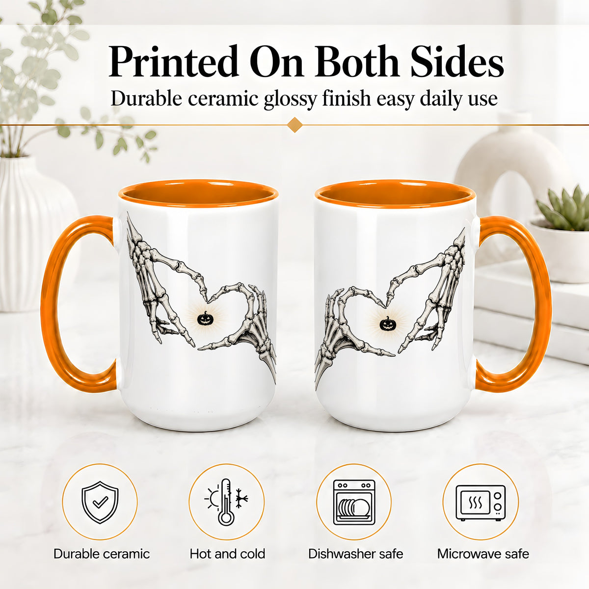 #pl[15oz|Orange] Skeleton Heart Hands Ceramic Mug, Jack O Lantern Halloween Art