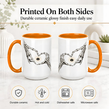 #pl[15oz|Orange] Skeleton Heart Hands Ceramic Mug, Jack O Lantern Halloween Art