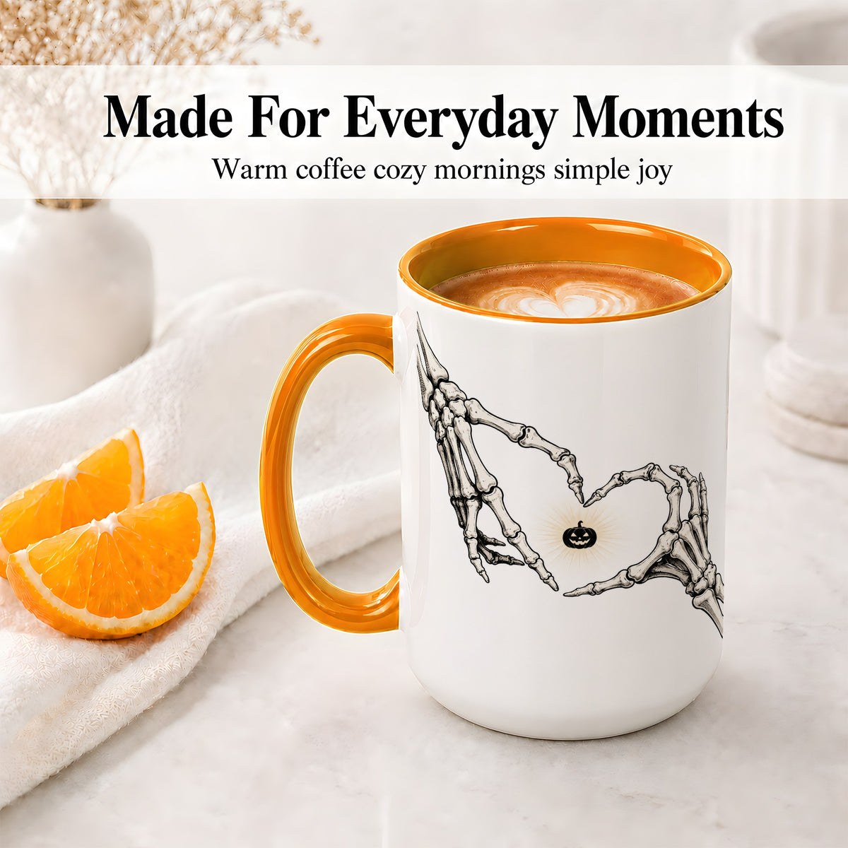 #pl[15oz|Orange] Skeleton Heart Hands Ceramic Mug, Jack O Lantern Halloween Art