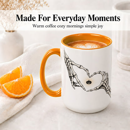 #pl[15oz|Orange] Skeleton Heart Hands Ceramic Mug, Jack O Lantern Halloween Art