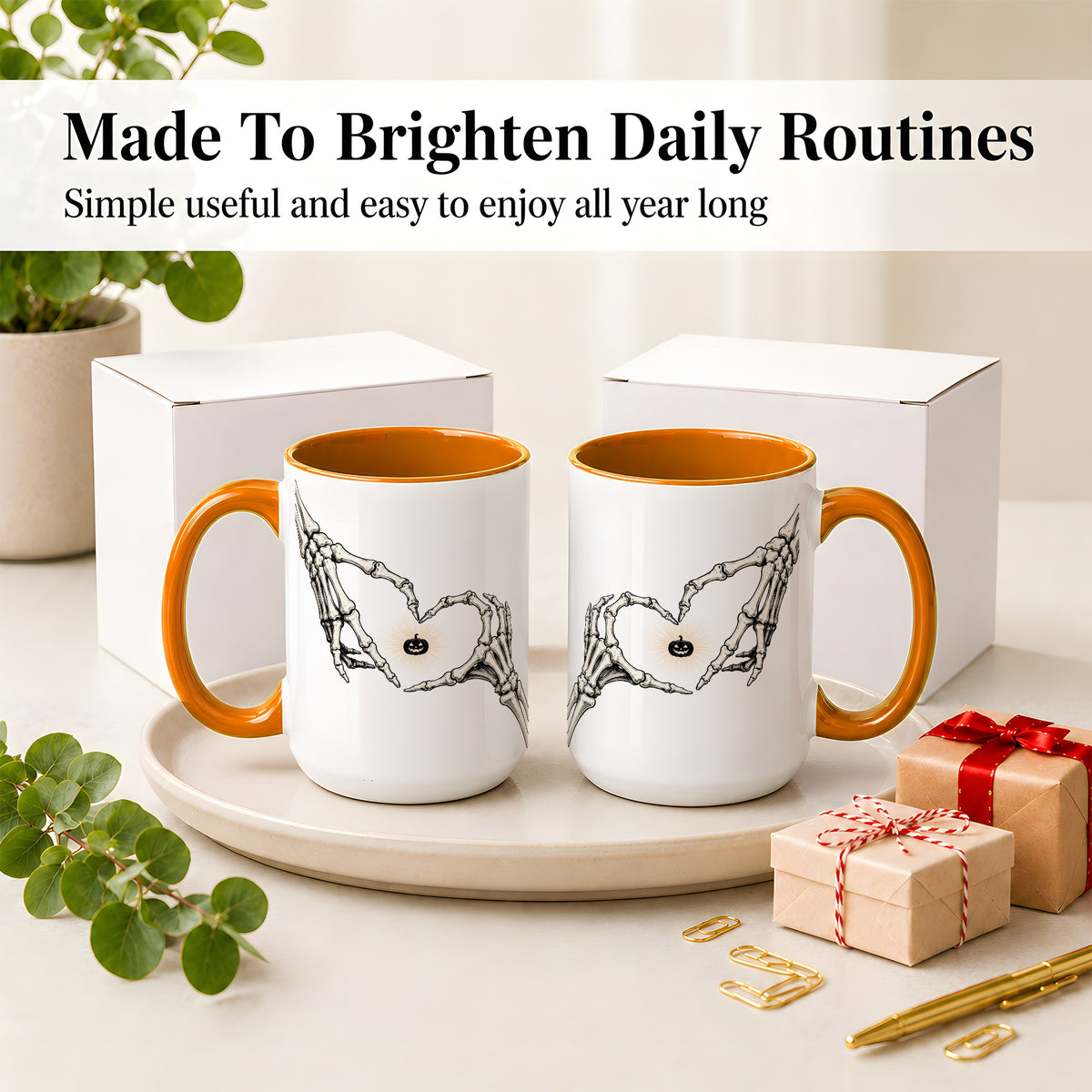#pl[15oz|Orange] Skeleton Heart Hands Ceramic Mug, Jack O Lantern Halloween Art