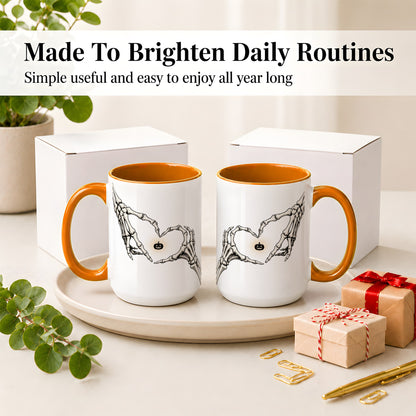 #pl[15oz|Orange] Skeleton Heart Hands Ceramic Mug, Jack O Lantern Halloween Art
