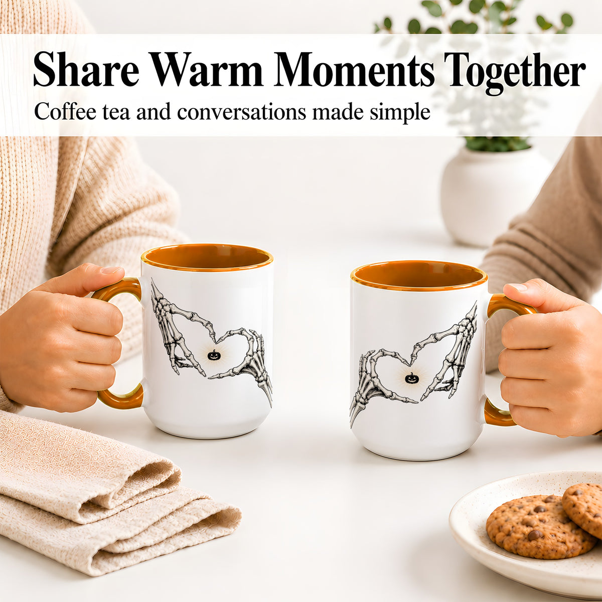 #pl[15oz|Orange] Skeleton Heart Hands Ceramic Mug, Jack O Lantern Halloween Art